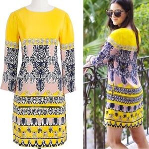 J. Crew Jules Yellow Navy Tan Silk Medallion Paisley Sheath Dress Long Sleeves
